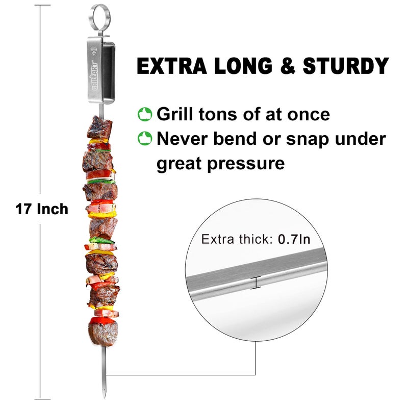 GRILLART Kabob Skewers for Grilling - Metal Skewer for Kabobs with Slider - Flat BBQ Skewer Stainless Steel - 17" Shish Kabob Grill Skewers & Ideal Kabob Sticks for Meat Shrimp Chicken Veggie (10PCS) - Image 3